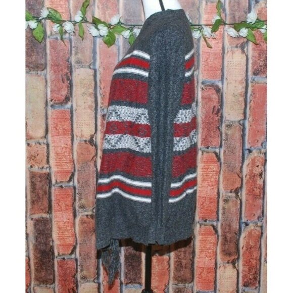 St. John's Bay Ladies L Gray Red Striped Open Front Cardigan Sweater Fringe Cozy - Picture 6 of 10